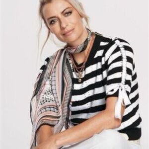 Cabi Runway Sweater 5832 Black White Stripe Lace Up M Nautical Coastal Fisherman